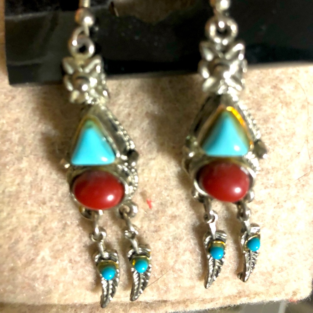 Turquoise and coral silver earrings